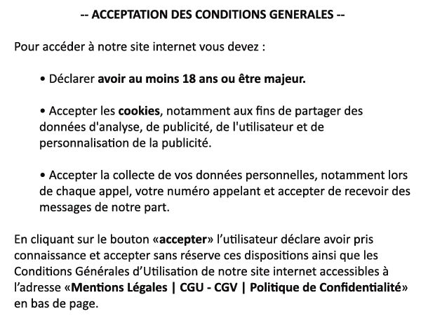 Acceptation des conditions générales - réservé aux 18 ans et plus